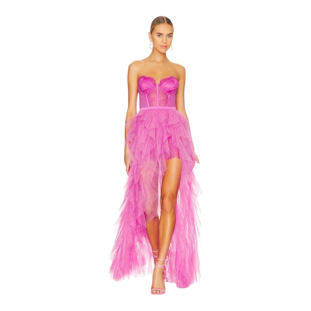 For Love‎ & Lemons x REVOLVE Fuchsia Bustier Hi Low Tiered Tulle Gown NWT L